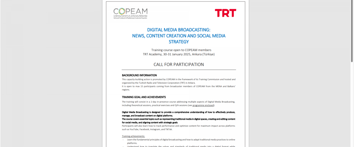 TRT-COPEAM training workshop on “Digital media broadcasting: news, content creation and social media strategy”